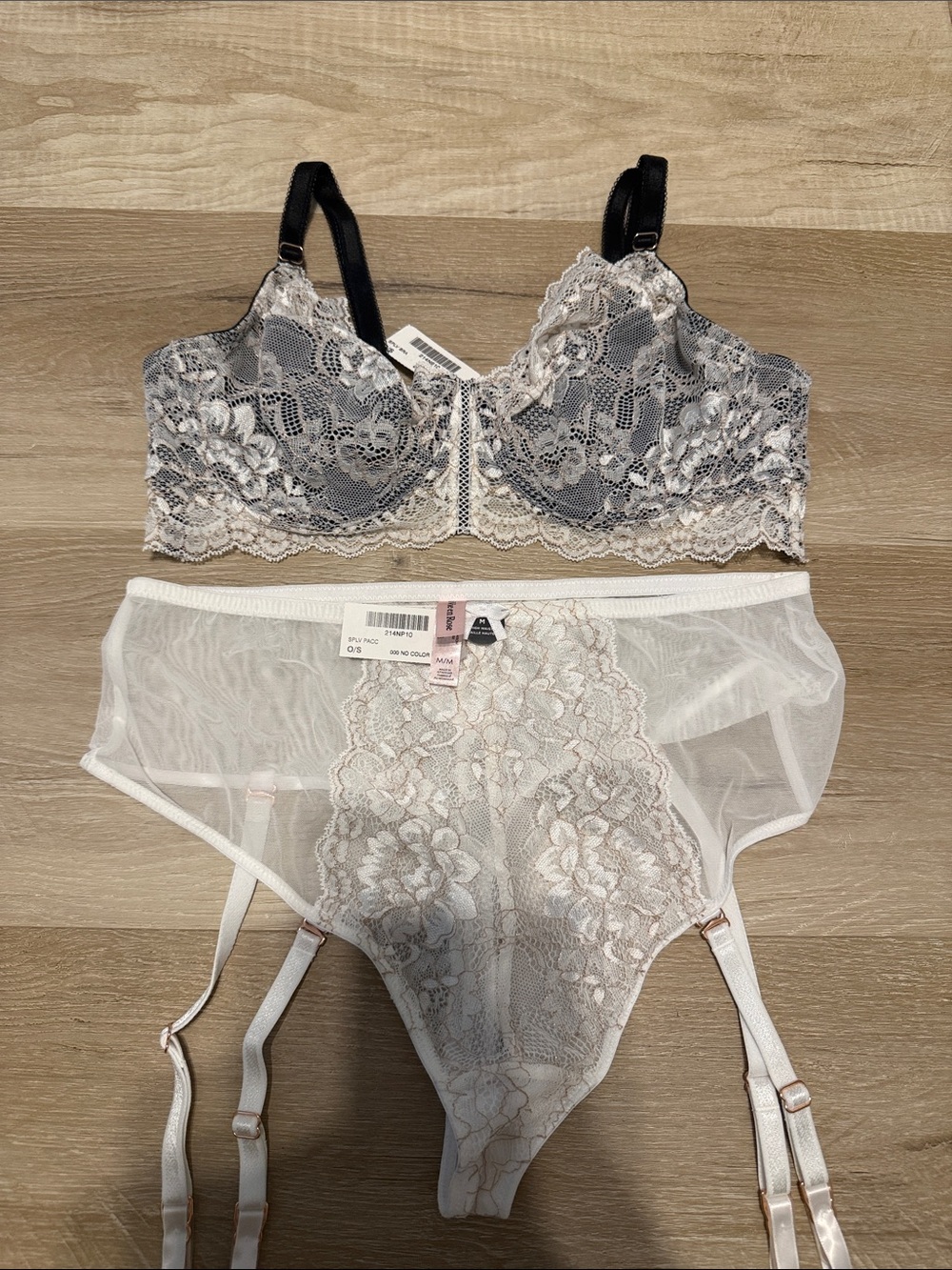La Vie En Rose Cream and Gray Lace Underwire Bra with Sheer Garter Brief